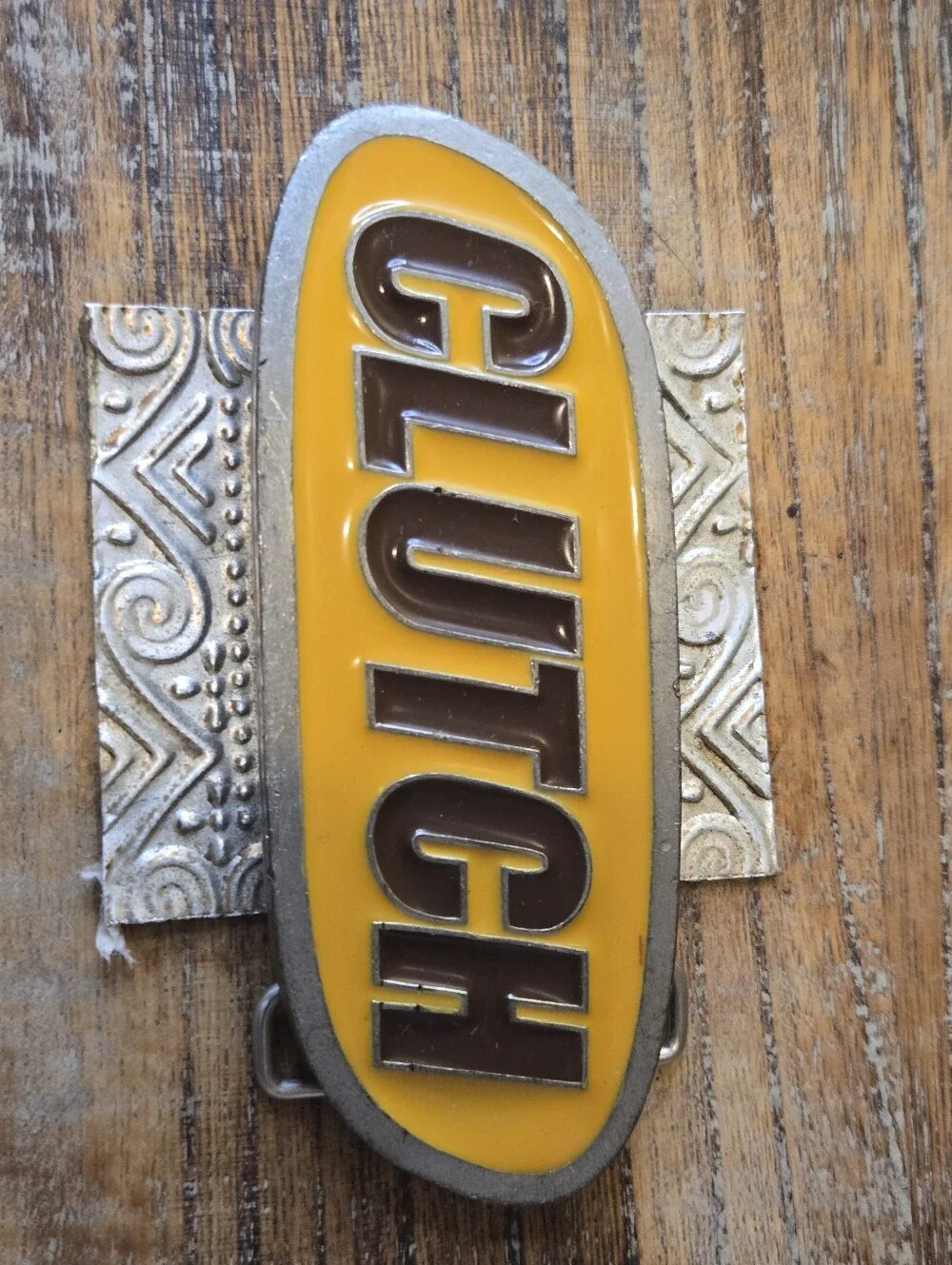 Vintage Clutch Band Belt Buckle 2004 Yellow Brown Enamel Metal Rock Band Merch